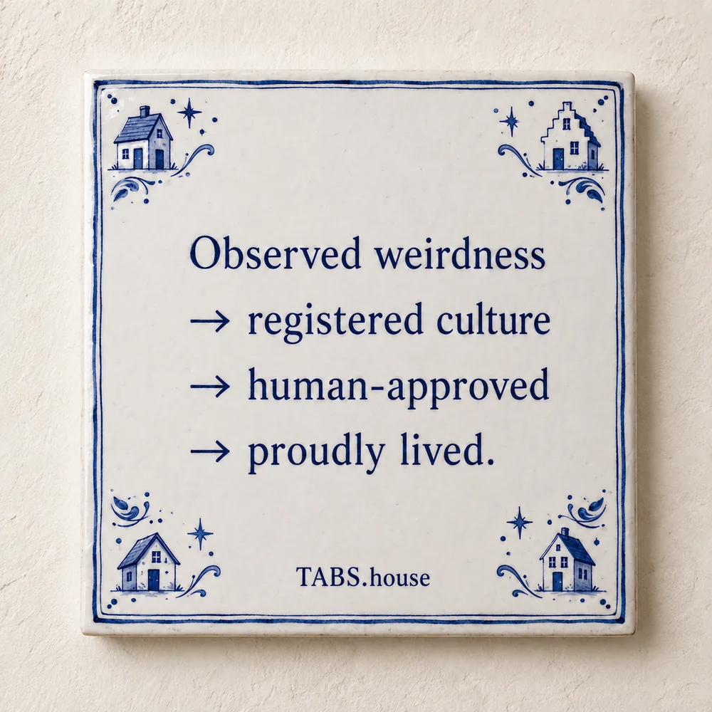 Delft blue tile with a handwritten house rule and the TABS.house signature